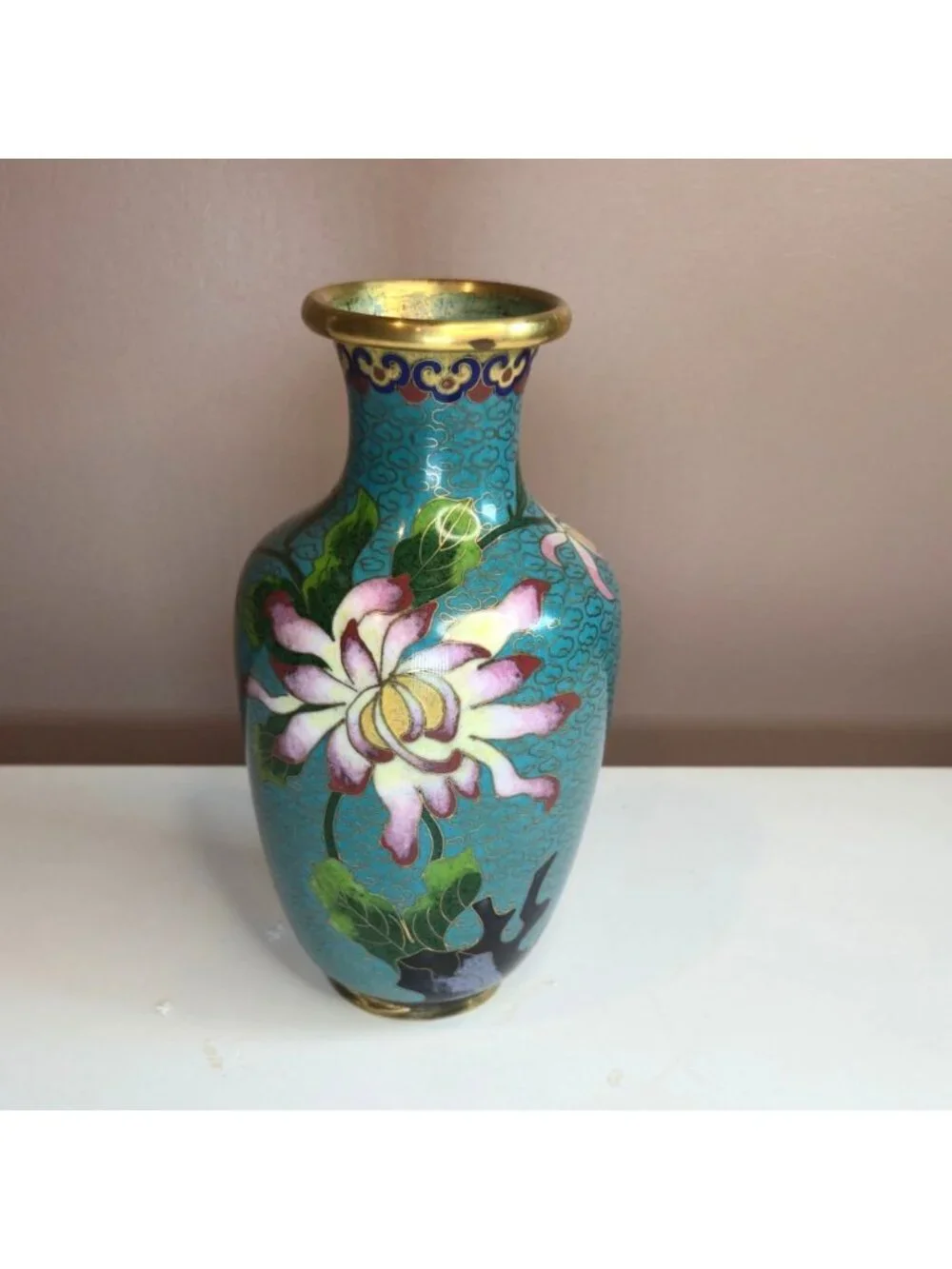 Vintage Cloisonné Vase Pink & White Chrysanthemums Gold Accents Floral Enamel